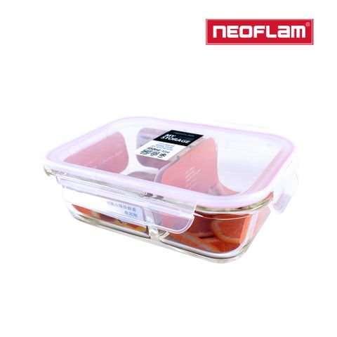 NEOFLAM 升級版專利無縫膠條耐熱玻璃分隔保鮮盒長形-950ml(粉色膠條)