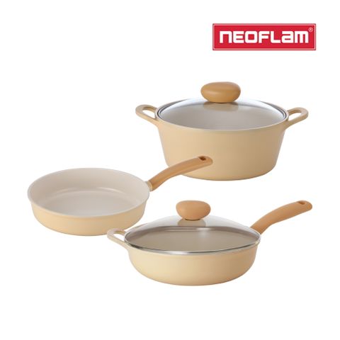 買就送平底鍋+配件組NEOFLAM Flan香草雪酪系列 鍋具3件組(湯鍋+平底鍋+炒鍋)