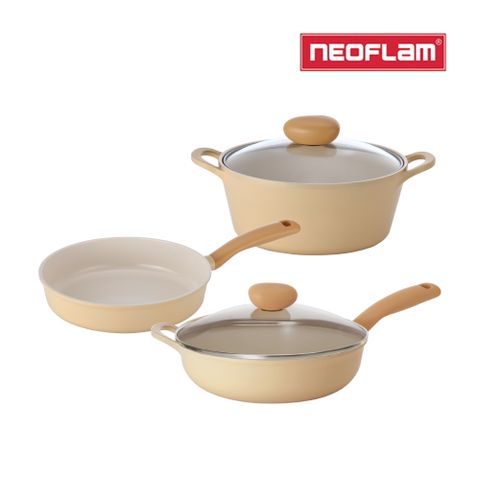 NEOFLAM Flan香草雪酪系列 鍋具3件組(22湯鍋+26平底鍋+30炒鍋)