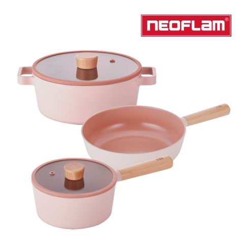 NEOFLAM 粉紅FIKA鑄造不沾鍋22cm湯鍋+18單柄湯鍋+26cm炒鍋三鍋組(不挑爐具、IH適用)