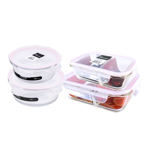 NEOFLAM 升級版專利無縫膠條耐熱玻璃保鮮盒4件組(分隔x2+圓形x2)