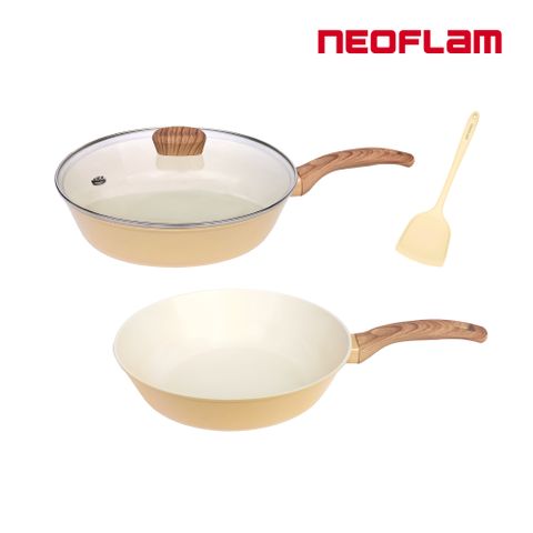 NEOFLAM Reverse系列雙鍋四件組組(28cm炒鍋+28cm平底鍋+玻璃蓋)-香草雪酪 贈鍋鏟x1