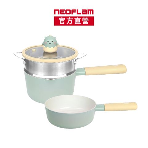 NEOFLAM小龍系列鑄造鍋具四件組(單柄湯鍋+蒸籠+小炒鍋+玻璃蓋16公分)(不挑爐具，瓦斯爐電磁爐可用)