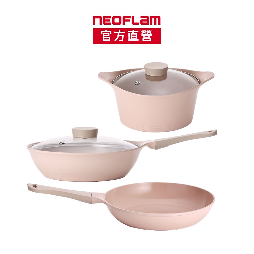 NEOFLAM 買就送矽膠鍋鏟+湯勺 BELA PINK系列鑄造3鍋組(不挑爐具 瓦斯爐電磁爐可用)