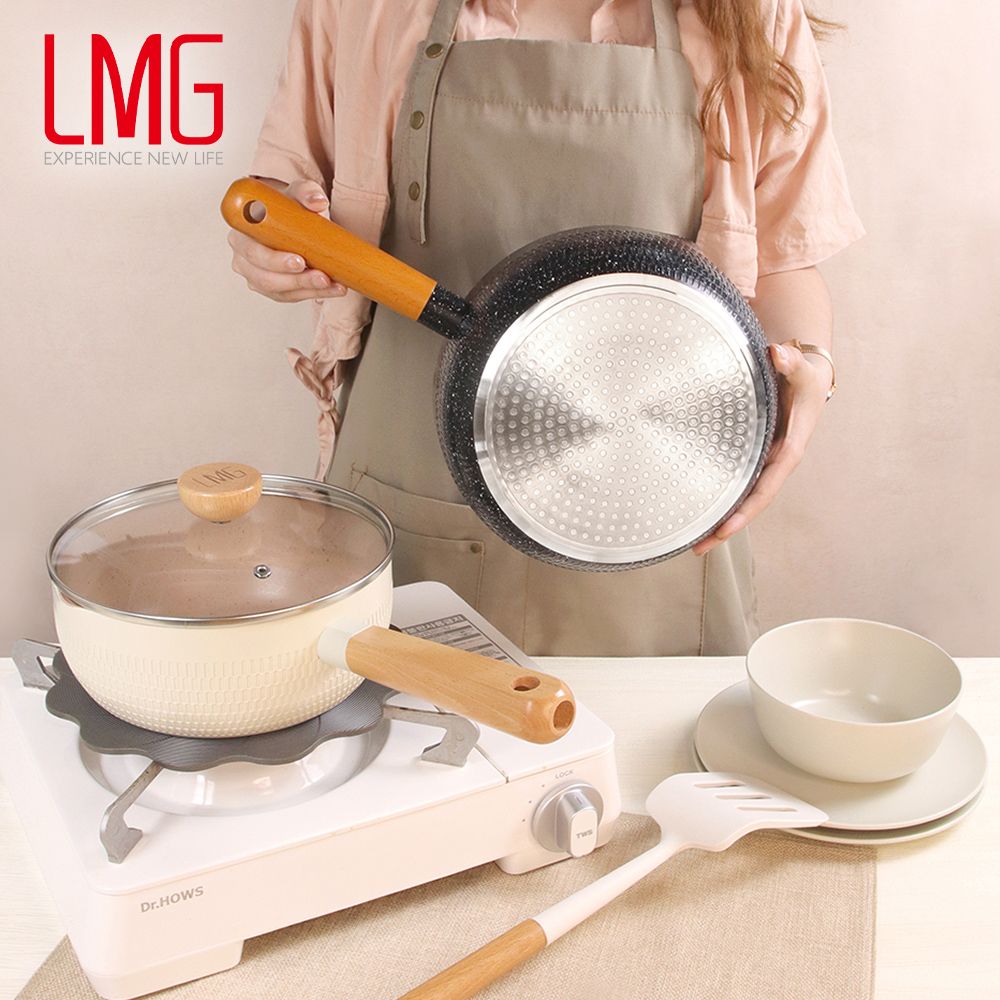 lmg 日式錘紋不沾雪平鍋22cm-象牙白(含蓋)贈潔鍋刷