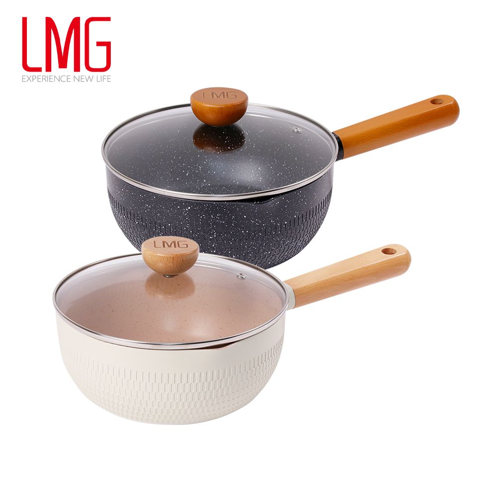 lmg 日式錘紋不沾雪平鍋22cm-象牙白(含蓋)贈潔鍋刷