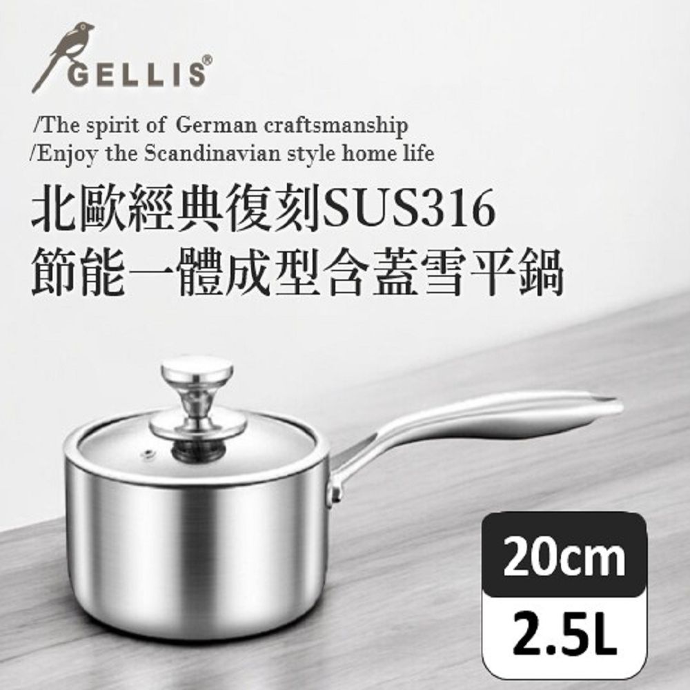 GELLIS 鵲利仕 20cm北歐經典復刻SUS316含蓋 節能一體成型直柄湯鍋雪平鍋泡麵鍋