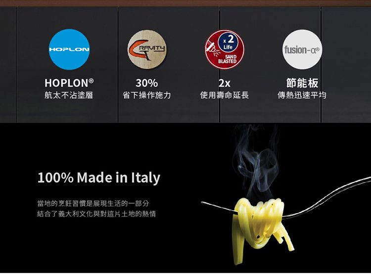 HOPLONRAVITYLifeSANDBLASTEDfusion-HOPLON®30%2x節能板航太不沾塗層省下操作施力使用壽命延長傳熱迅速平均100% Made in Italy當地的烹飪習慣是展現生活的一部分結合了義大利文化與對這片土地的熱情