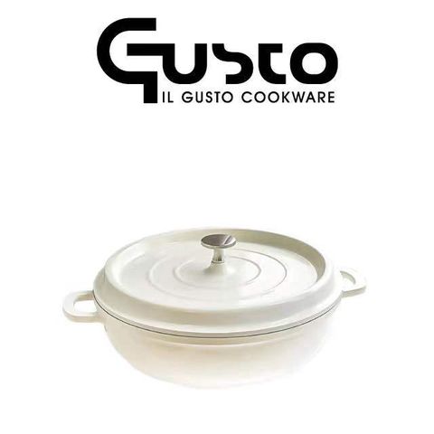 GUSTO 3公升大容量26cm法式復古白超輕量壓鑄淺湯燉鍋