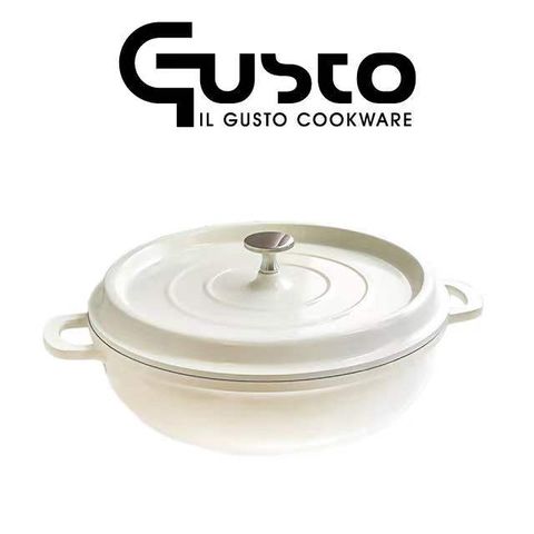 GUSTO 4.5公升大容量32cm法式復古白超輕量壓鑄淺湯燉鍋