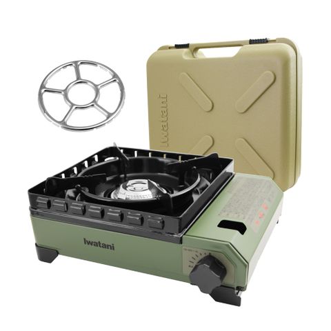 【日本岩谷Iwatani】岩谷戶外防風究極綠武士磁式瓦斯爐-3.3kw-附外盒-日本製搭贈不鏽鋼小鍋用爐架1入
