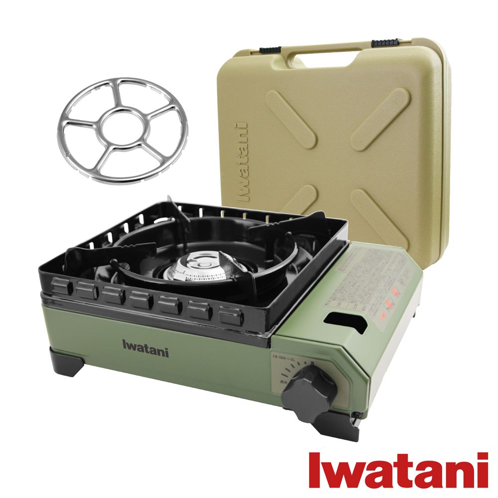 IWATANI 日本岩谷 戶外防風究極綠武士磁式瓦斯爐3.3kW-附收納盒-日本製-搭贈不鏽鋼小鍋用爐架1入(CB-ODX-1-OL+KA-001)