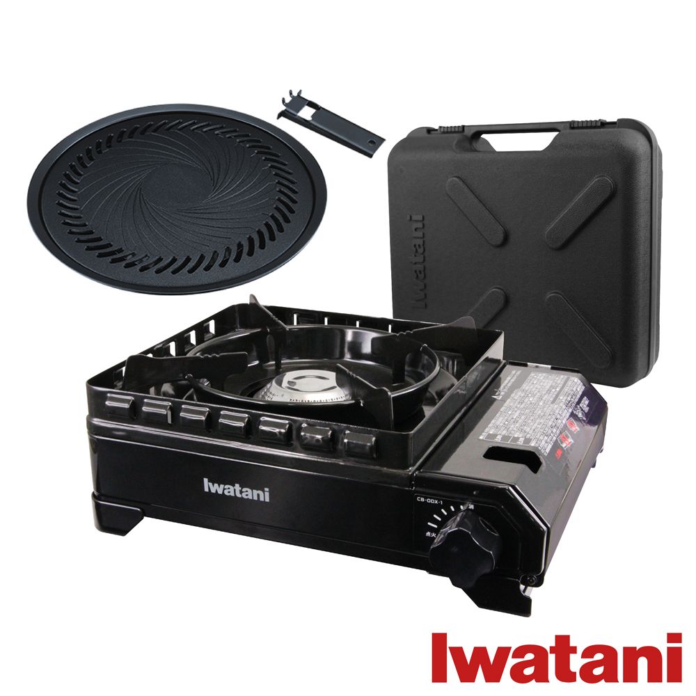 IWATANI 日本岩谷 戶外防風新黑武士磁式瓦斯爐3.3kW-附收納盒-日本製-搭贈33cm岩谷不沾燒肉盤(CB-ODX-1-BK+CB-A-YPL)