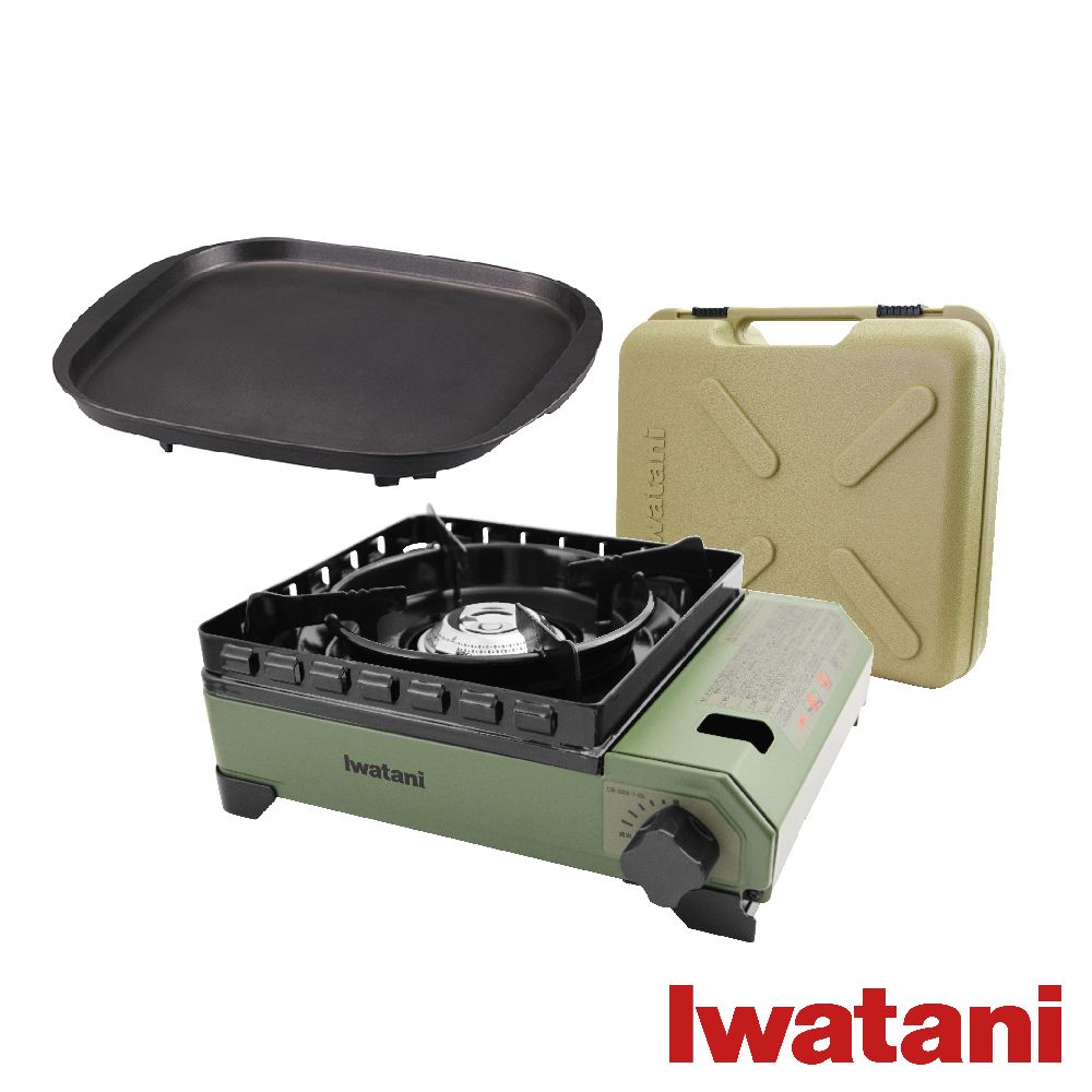 IWATANI 日本岩谷 戶外防風究極綠武士磁式瓦斯爐3.3kW-附收納盒-日本製-搭贈岩谷方型不沾烤肉盤(CB-ODX-1-OL+CB-A-TPP)