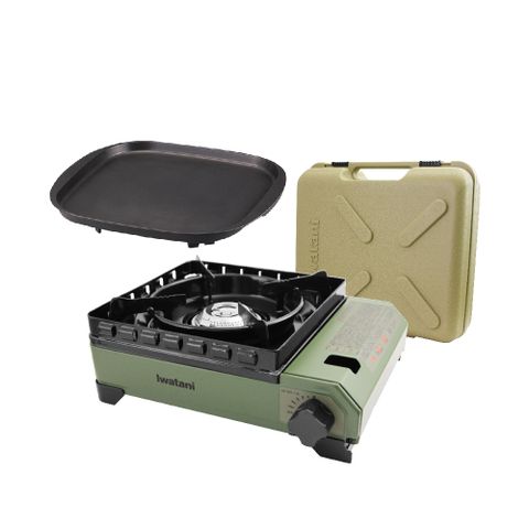 【日本Iwatani】岩谷戶外防風究極綠武士磁式瓦斯爐-3.3kw-附外盒-日本製-搭贈岩谷方型不沾烤肉盤