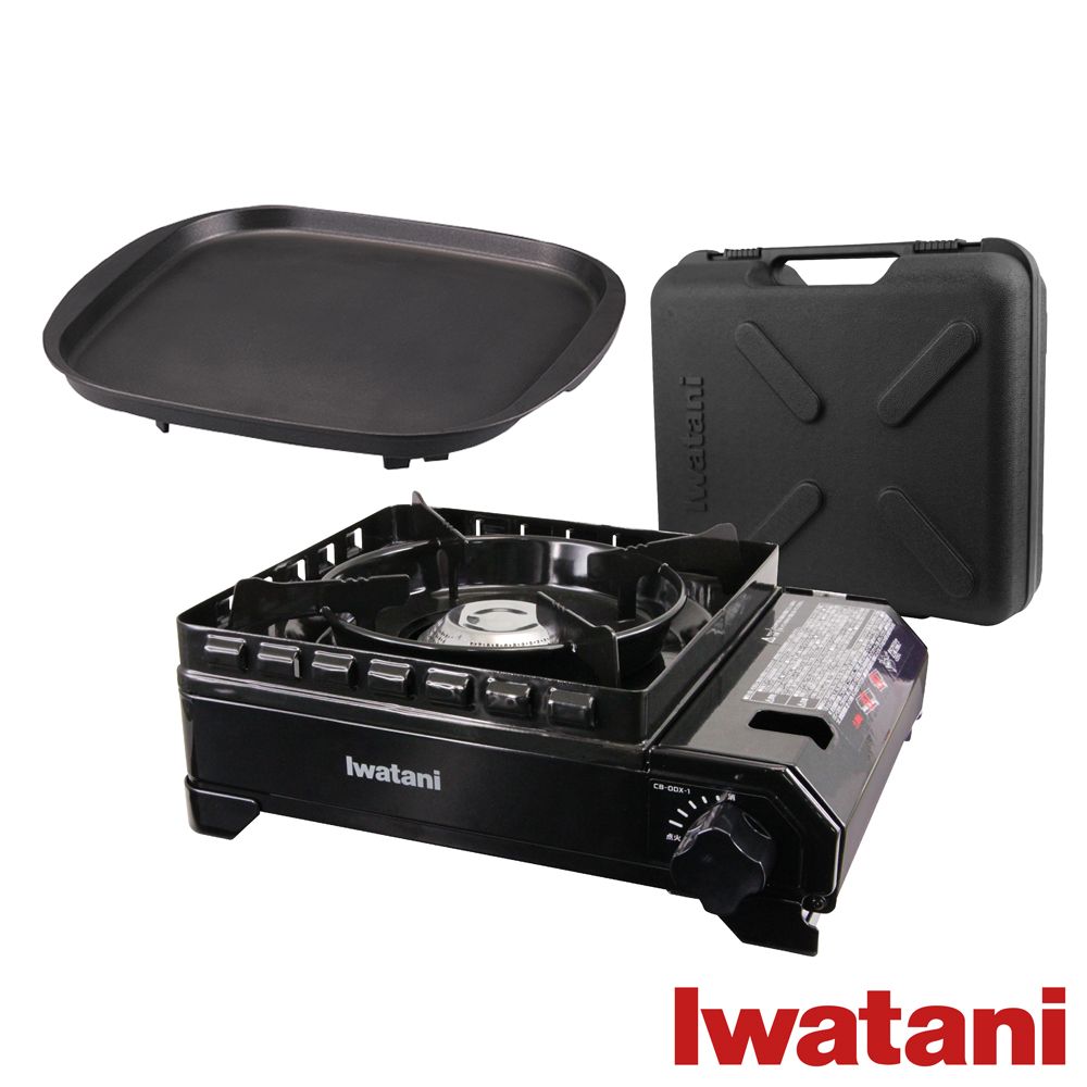 IWATANI 日本岩谷 戶外防風新黑武士磁式瓦斯爐3.3kW-附收納盒-日本製-搭贈岩谷方型不沾烤肉盤(CB-ODX-1-BK+CB-A-TPP)