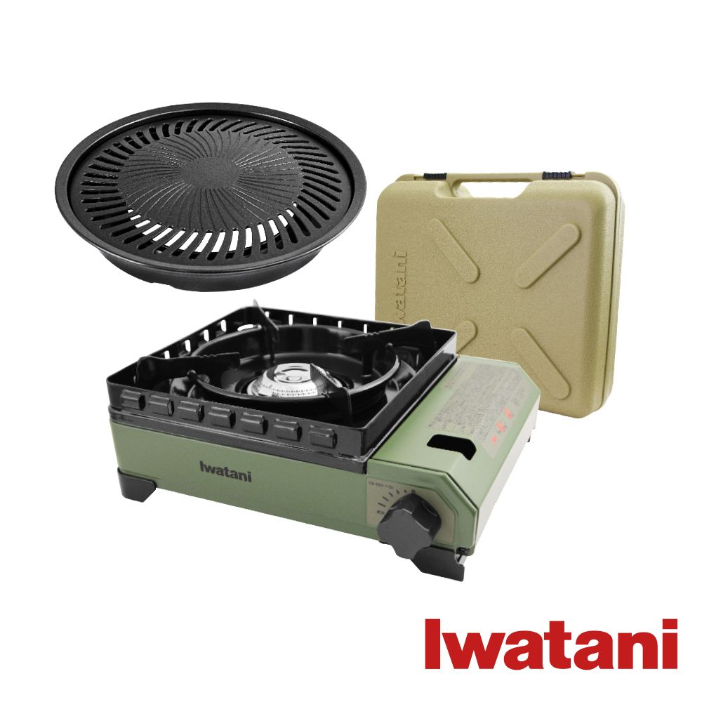 IWATANI 日本岩谷 戶外防風究極綠武士磁式瓦斯爐3.3kW-附收納盒-日本製-搭贈燒肉不沾烤肉盤(CB-ODX-1-OL+CB-A-YPS)