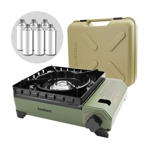 【Iwatani岩谷】戶外防風究極綠武士磁式瓦斯爐3.3kW-附收納盒-日本製-搭贈6入瓦斯罐