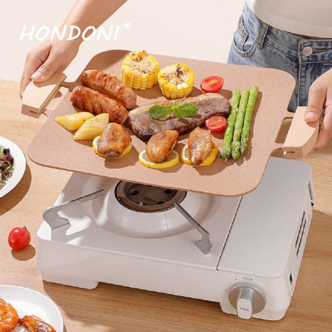 ◤ HONDONI 新款韓式麥飯石烤盤◢不沾烤肉盤 燒烤盤 煎烤盤 卡式爐電磁爐烤盤(贈BBQ全配)方形米色