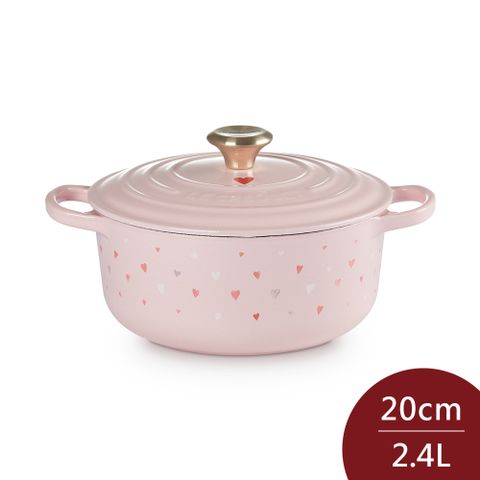 LE CREUSET 甜心系列 典藏圓形鑄鐵鍋 20cm 2.4L 雪紡粉 淡金頭 法國製 湯鍋 燉鍋 (電磁爐 IH爐可用)