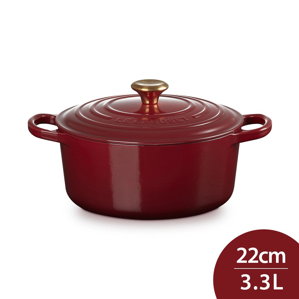 LE CREUSET  典藏圓形鑄鐵鍋 22cm 3.3L 醇酒紅 金頭 法國製 湯鍋 燉鍋 (電磁爐 IH爐可用)