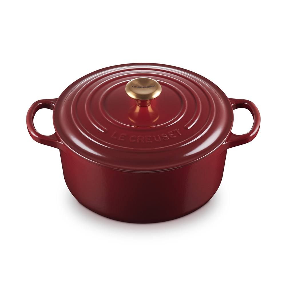 LE CREUSET  典藏圓形鑄鐵鍋 22cm 3.3L 醇酒紅 金頭 法國製 湯鍋 燉鍋 (電磁爐 IH爐可用)