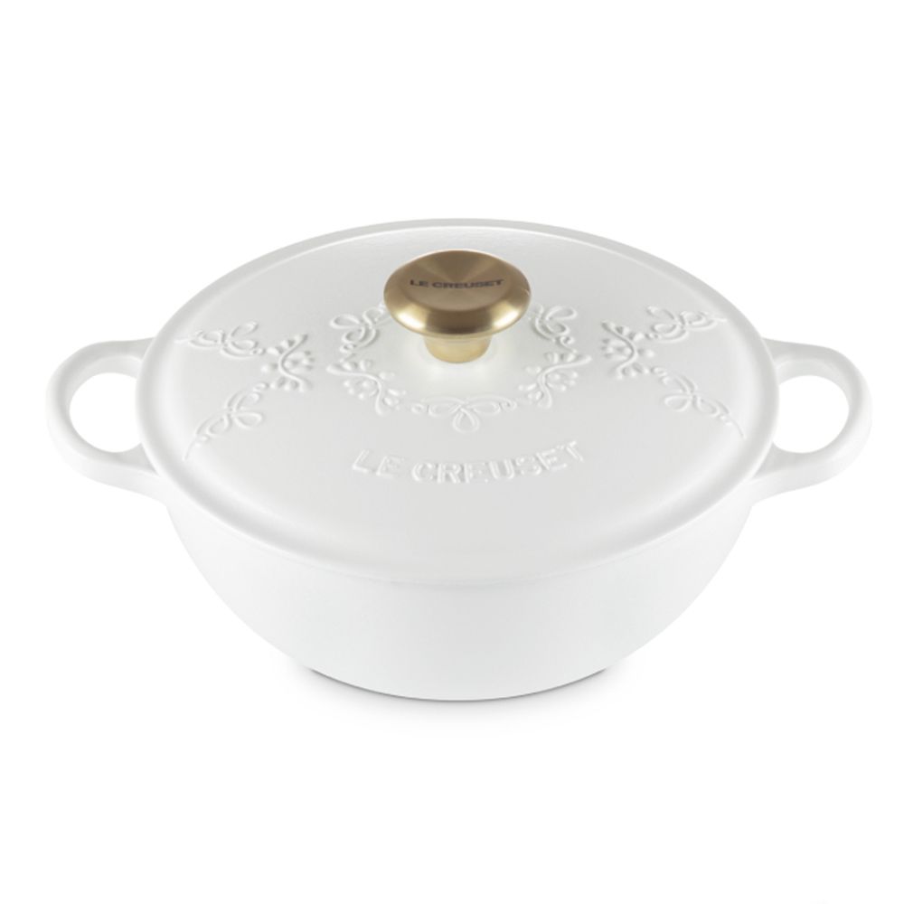 LE CREUSET  永恆花蕾系列 典藏媽咪鑄鐵鍋 24cm 3.1L 棉花白 淡金頭 法國製 (電磁爐 IH爐可用)