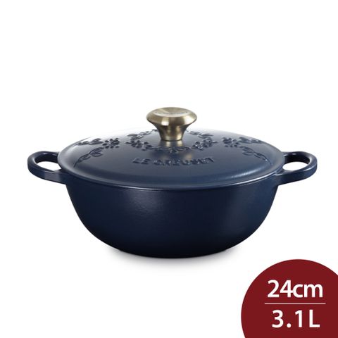 LE CREUSET 永恆花蕾系列 典藏媽咪鑄鐵鍋 24cm 3.1L 海軍藍 淡金頭 法國製  (電磁爐 IH爐可用)