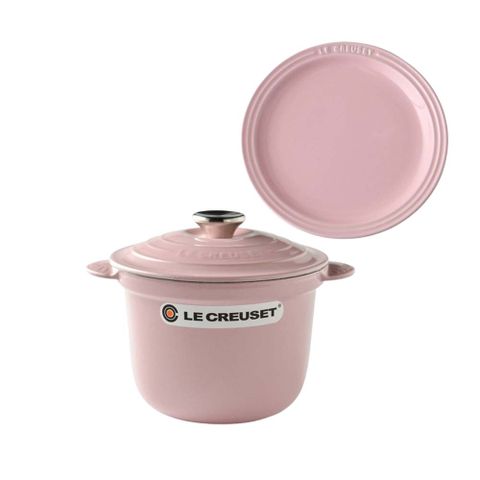 LE CREUSET 萬用窈窕鑄鐵鍋 20cm 2.8L 雪紡粉 法國製 +圓形淺盤 19cm 雪紡粉