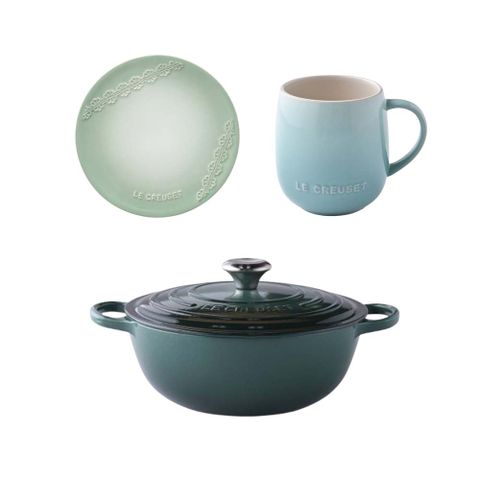 LE CREUSET 媽咪鑄鐵鍋 26cm 4.1L 綠光森林 + 圓形淺盤 19cm 湖水綠 + 蛋蛋馬克杯 380ml 悠然綠