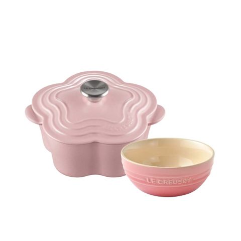 LE CREUSET 山茶花鑄鐵鍋 20cm 2L 甜心粉 + 韓式湯碗 14cm 薔薇粉