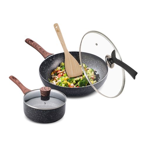 【CookPower鍋寶】原礦大理石不沾快炒雙鍋組-電磁爐適用 (30炒+30蓋+20湯含蓋+鏟)