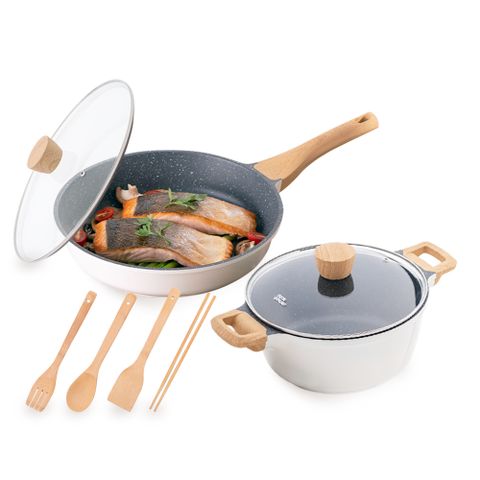 【CookPower 鍋寶】Lumi鑄造七層不沾鍋雙鍋8件組(28煎+28蓋+24湯+24蓋+廚具四件組)