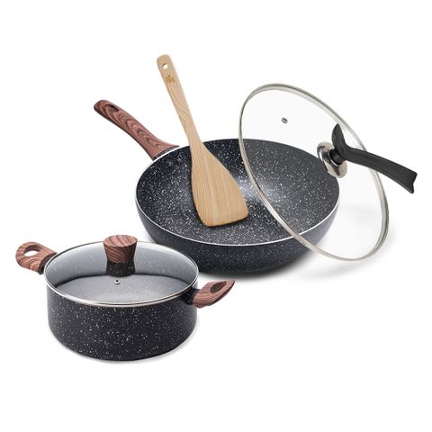 【CookPower 鍋寶】原礦大理石不沾鍋全能雙鍋組 IH/電磁爐適用(32炒+32蓋+24湯含蓋+鏟)