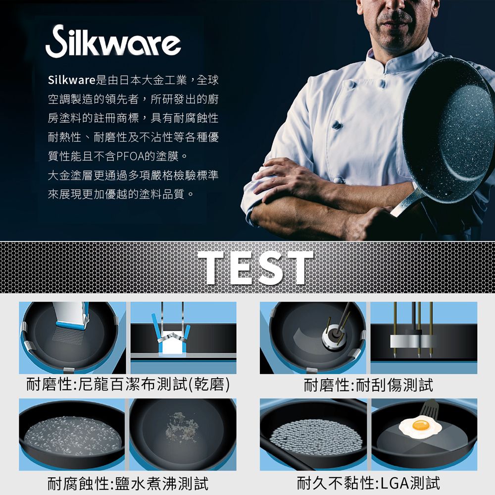 SilkwareSilkware是由日本大金工業,全球空調製造的領先者,所研發出的廚房塗料的註冊商標,具有耐腐蝕性耐熱性、耐磨性及不沾性等各種優質性能且不含PFOA的塗膜。大金塗層通過多項嚴格檢驗標準來展現更加優越的塗料品質。TEST耐磨性:尼龍百潔布測試(乾磨)耐磨性:耐刮傷測試耐腐蝕性:鹽水煮沸測試耐久不黏性:LGA測試