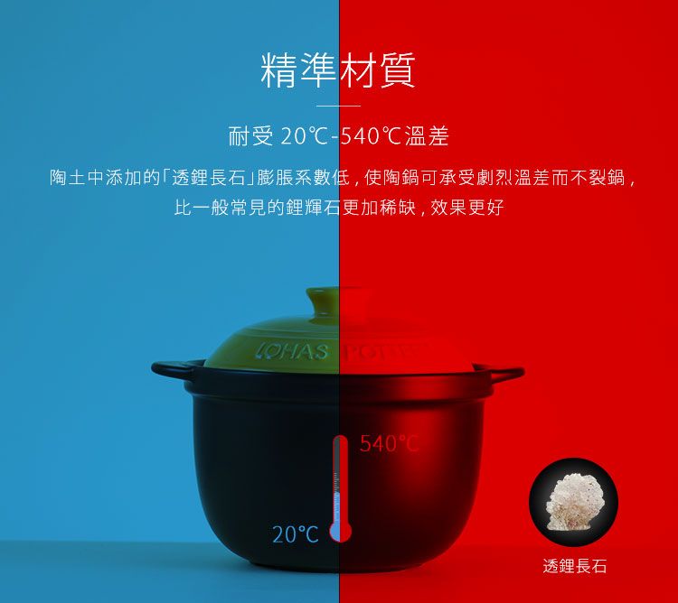 精準材質耐受 20℃-540℃溫差陶土中添加的透長石膨脹系數低,使陶鍋可承受劇烈溫差而不裂鍋,比一般常見的鋰輝石更加稀缺,效果更好 20540C透鋰長石