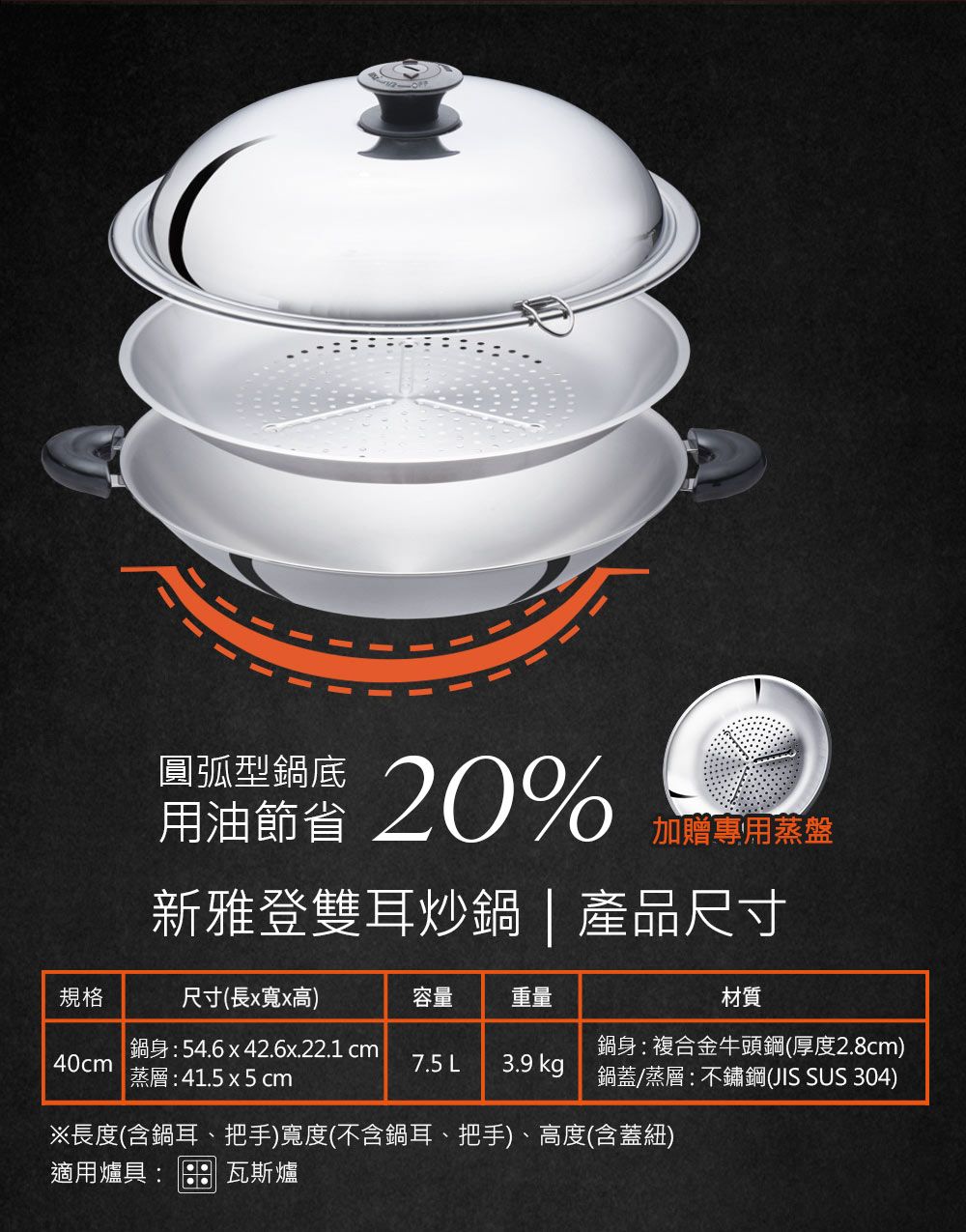 圓弧型鍋底用油節省20%加贈專用蒸盤新雅登雙耳炒鍋 產品尺寸規格尺寸(長x寬x高)容量重量材質40cm鍋身:54.642.6x.22.1 cm蒸層:41.5 x5cm7.5 L 3.9 kg鍋身:複合金牛頭鋼(厚度2.8cm)鍋蓋/蒸層:不鏽鋼(JIS SUS 304)※長度(含鍋耳、把手)寬度(不含鍋耳、把手)、高度(含蓋紐)適用爐具:瓦斯爐