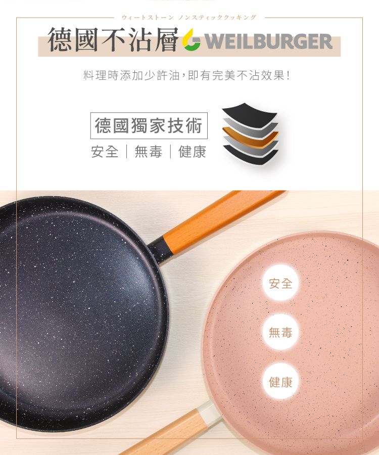 ウィートストーン ノンスティッククッキング德國不沾WEILBURGER料理時添加少許油,即有完美不沾效果!德國獨家技術安全|無毒|健康安全無毒健康