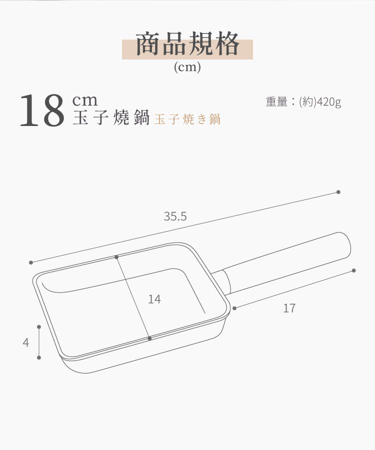 商品規格(cm)18cm重量:(約)420g玉子燒鍋 玉子焼き鍋35.514174