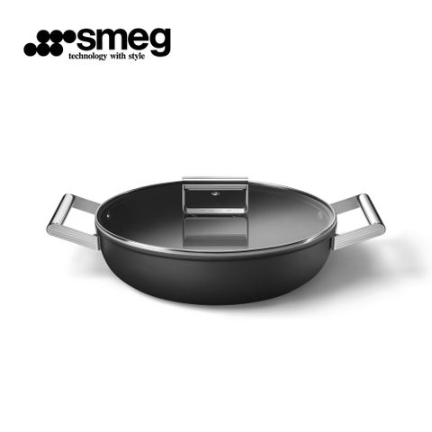 SMEG 義大利彩色不沾雙耳燉鍋28cm(含蓋)-耀岩黑