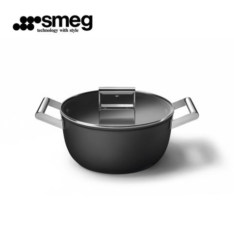 SMEG 義大利彩色不沾雙耳湯鍋24cm(含蓋)-耀岩黑