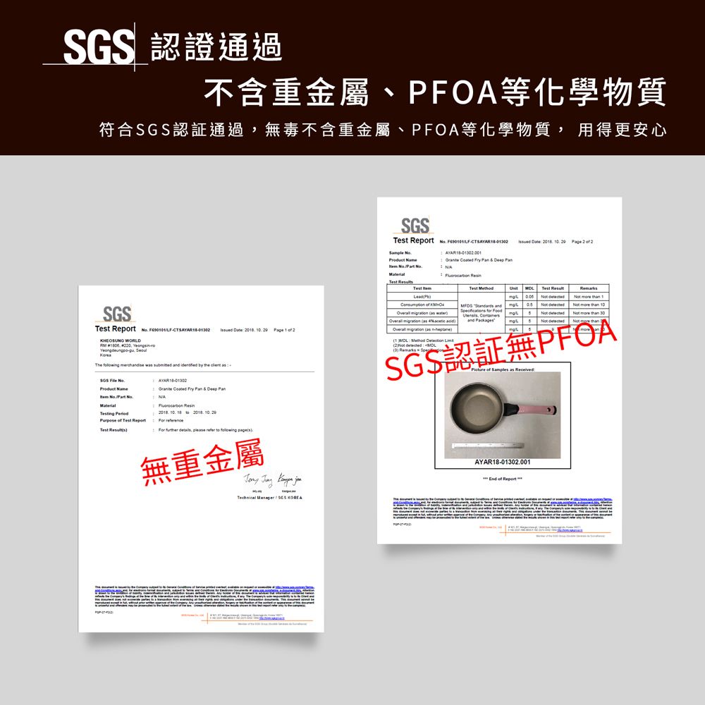 SGS 認證通過不含重金屬、PFOA等化學物質符合SGS認証通過無毒不含重金屬、PFOA等化學物質 用得更安心SGS   KHEOSUNG WORLD  , SGS Report   Sample    Tet   Fry P   Pan          Overall migration an  8  0 Page   2Test   Test ark         Not detectedNot more than      Page 1  21     Not detectedSGS認証無PFOA  Samples       and        NameRem    of Test ReportTest   Fry Pan  Deep PanNA      10.29   , please refer   s無重金屬Technical  AYAR18-01302.001 of Report