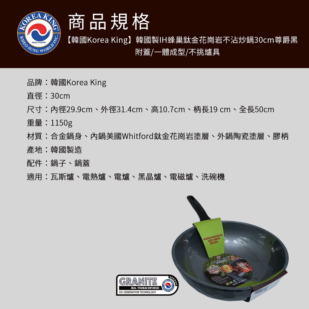 KG INC.商品規格【韓國Korea King】韓國製IH蜂巢鈦金花崗岩不沾炒鍋尊爵黑附蓋/一體成型/不挑爐具品牌:韓國Korea King直徑:30cm尺寸:內徑29.9cm、外徑31.4cm、高10.7cm、柄長19cm、全長50cm重量:1150g材質:合金鍋身、內鍋美國Whitford鈦金花崗岩塗層、外鍋陶瓷塗層、膠柄產地:韓國製造配件:鍋子、鍋蓋適用:瓦斯爐、電熱爐、電爐、黑晶爐、電磁爐、洗碗機GRANITEREAL  ENFORCED6th GENERATION TECHNOLOGY30cmMADE IN