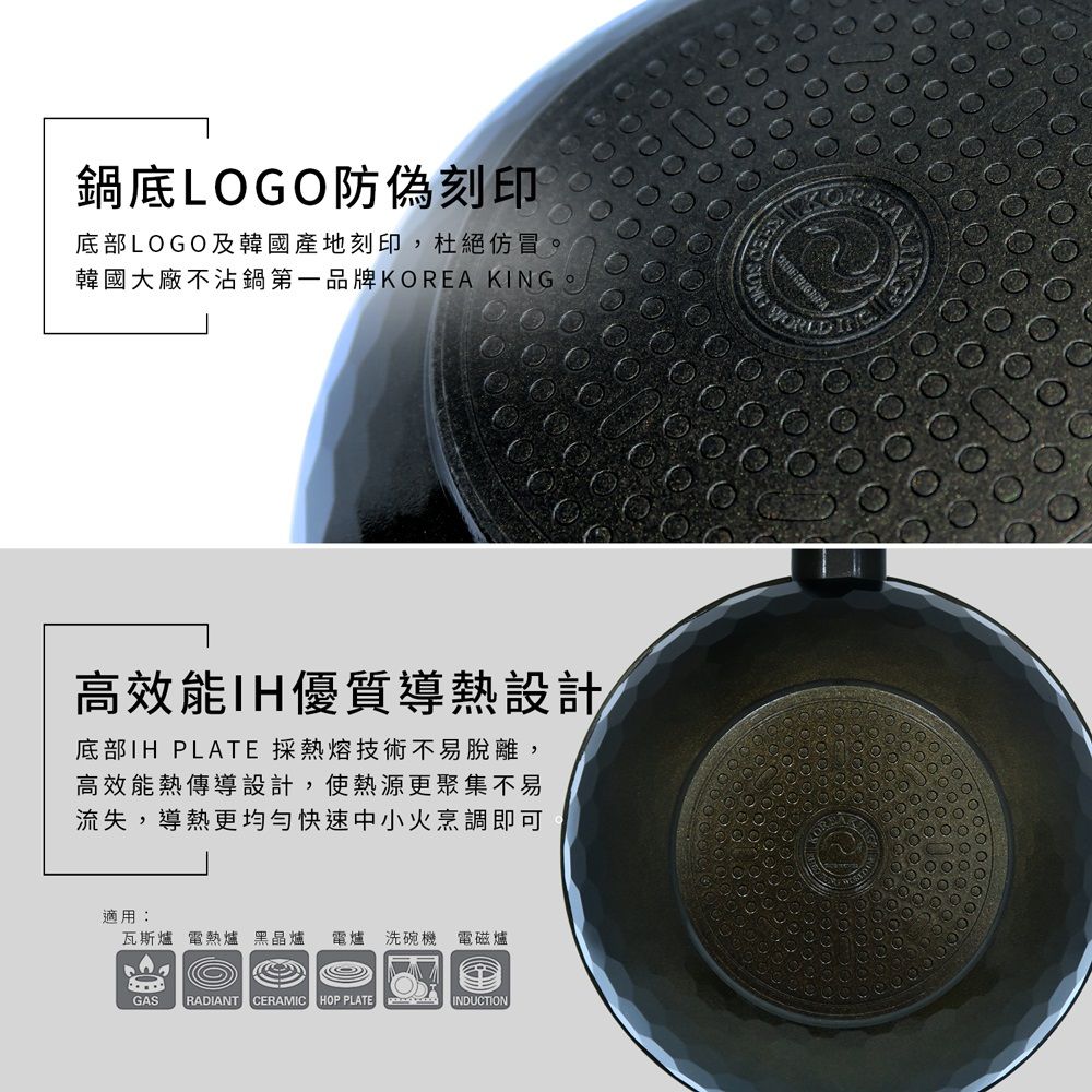 Korea King 韓國製IH蜂巢鈦金花崗岩不沾炒鍋30cm尊爵黑/附蓋/一體成型/不挑爐具