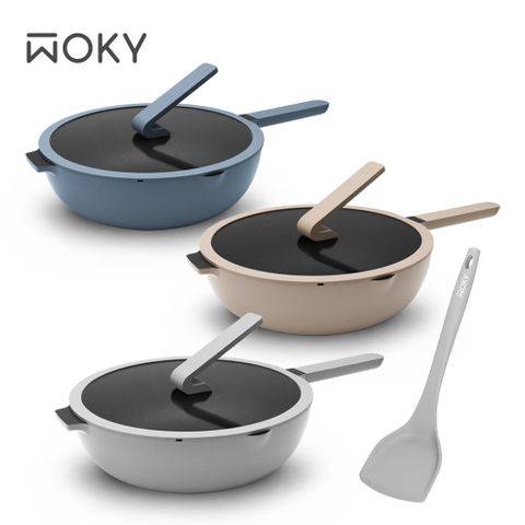 WOKY 沃廚 Ticera系列-哈哈鍋2.0 不沾深煎鍋32CM(含玻璃鍋蓋、贈萬用矽膠鍋鏟)
