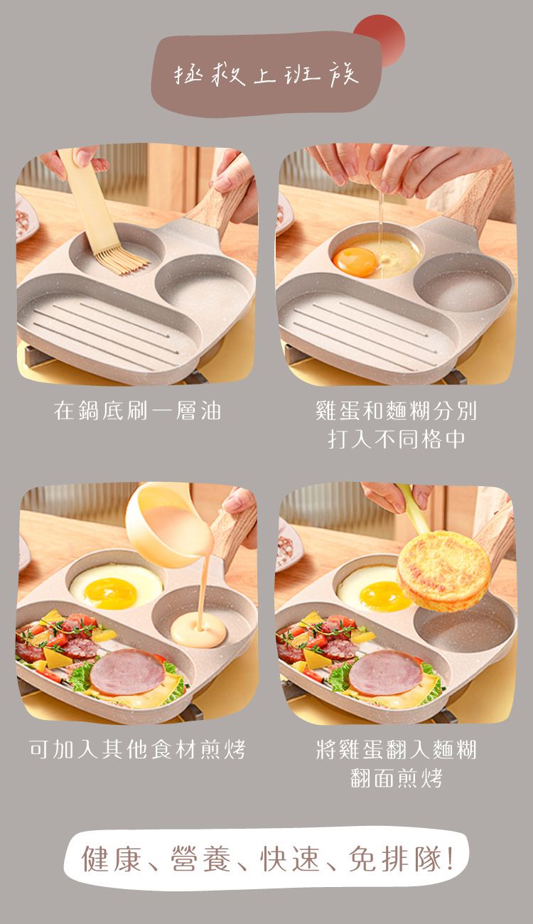 拯救上班族在鍋底刷一層油雞蛋和麵糊分別打入不同格中可加入其他食材煎烤將雞蛋翻入麵糊翻面煎烤健康、營養、快速、免排隊!