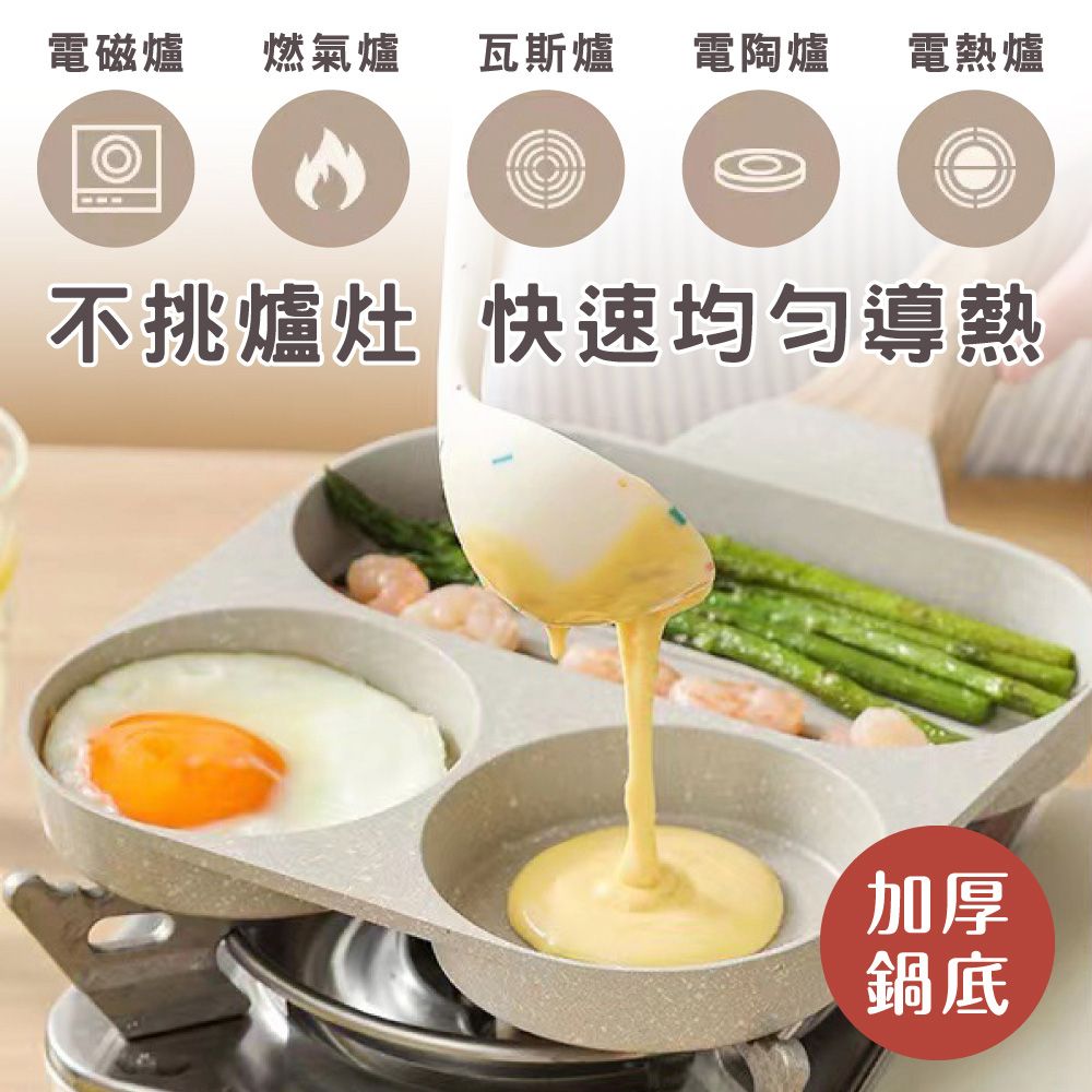鼎匠 升級版★三合一早餐煎蛋鍋雞蛋漢堡鍋牛排麥飯石不沾平底鍋(米白2圓孔+1長方型荷包蛋模具電磁爐