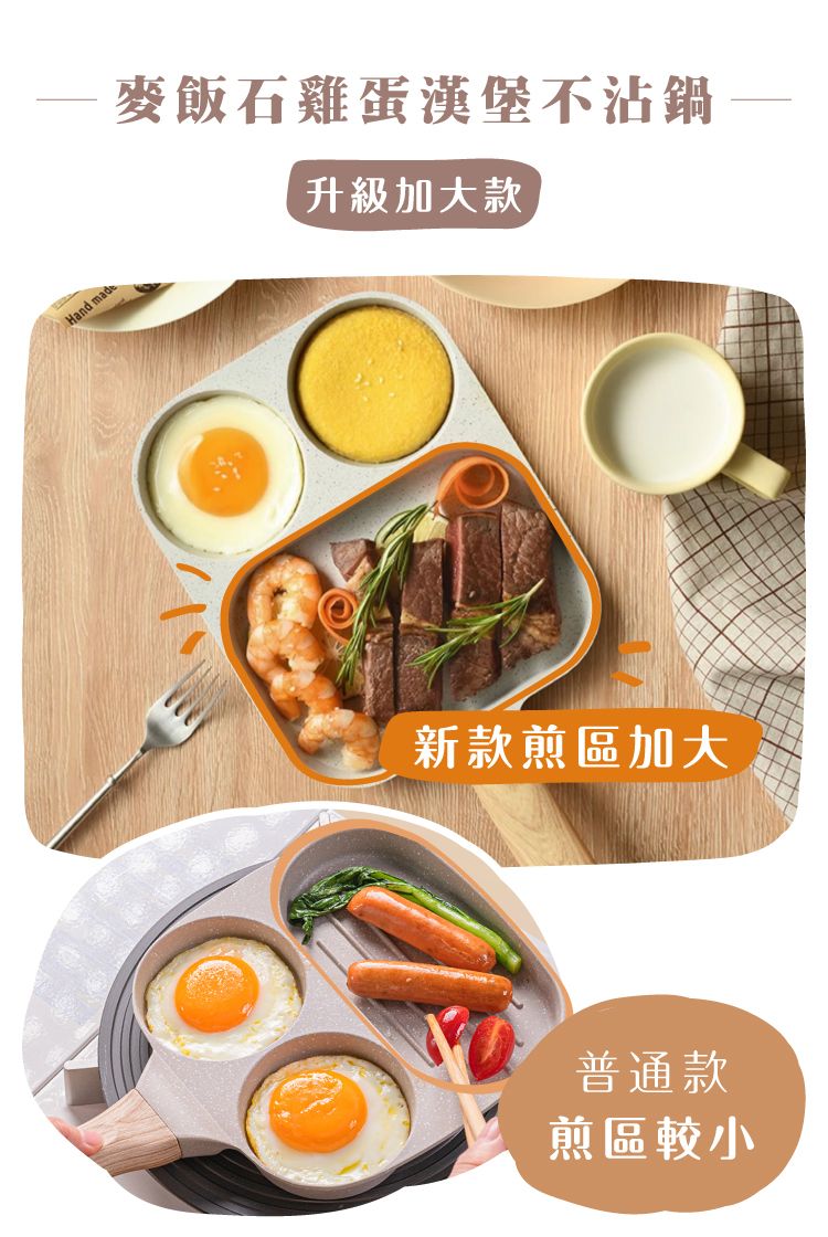 Hand made麥飯石雞蛋漢堡不沾鍋升級加大款新款煎區加大普通款煎區較小