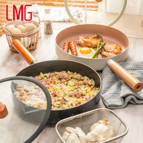 【LMG】曜石黑 雪藏不沾雪平鍋/平底鍋/玉子燒鍋 三鍋超值組(贈玫瑰粉料理三件組)