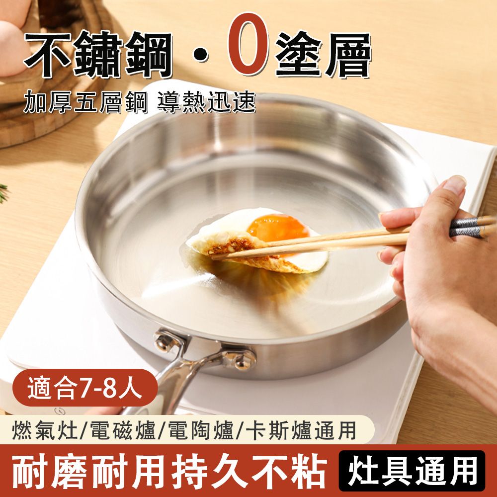  30cm不鏽鋼平底鍋 無塗層不粘鍋 316L不鏽鋼 加厚牛排煎鍋 家用不粘炒鍋 燃氣灶/電磁爐/電陶爐通用